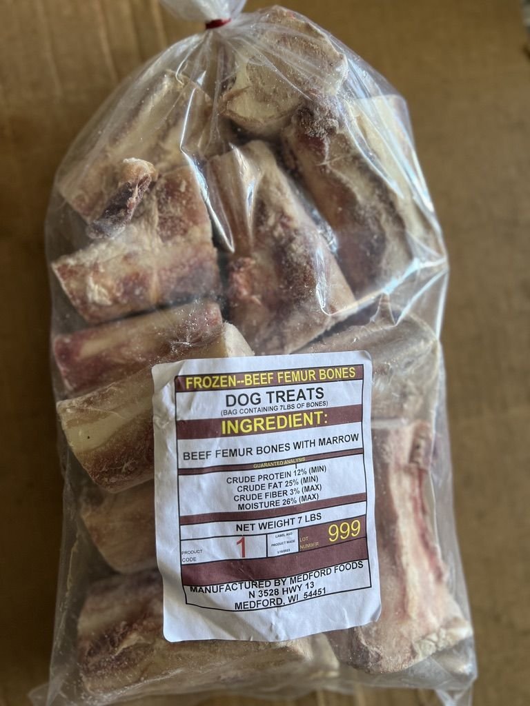 BAG OF BEEF FEMUR BONES 3-4 INCH 7LBS $28
